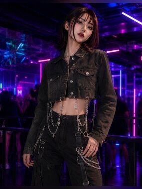 GJG Denim Black Cropped Chain Jacket – Size Small – Distressed Y2K
